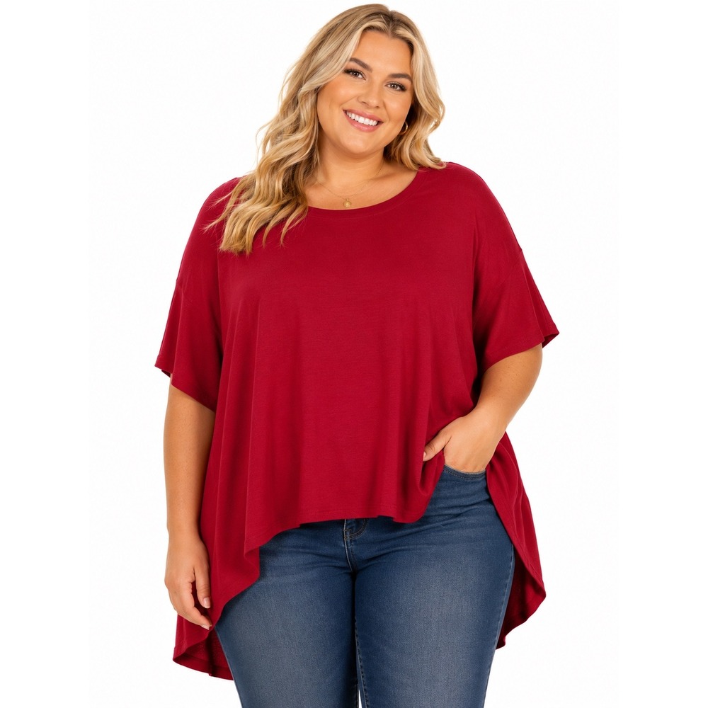 Zenana Red High Low Oversized Tunic Top Crew Neck Short Sleeve RT-43048XN 2X